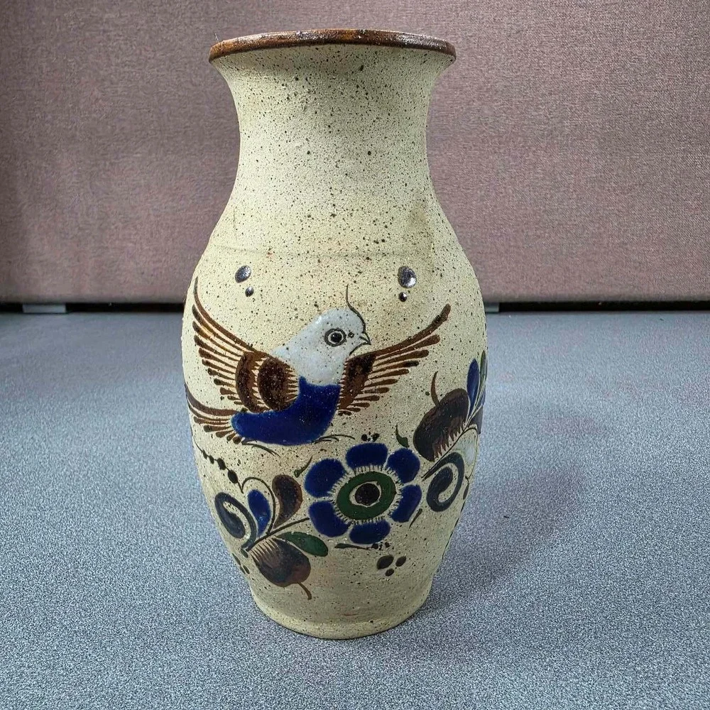 Ken Edwards Pottery Vase Tan Good Bird Floral Tonala Mexico